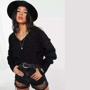 Free People Cozy Oversized Black V-Neck Sweater EUC Sz XL